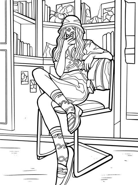 Coloring Page Illustration of a Girl in Front of Bookshelves