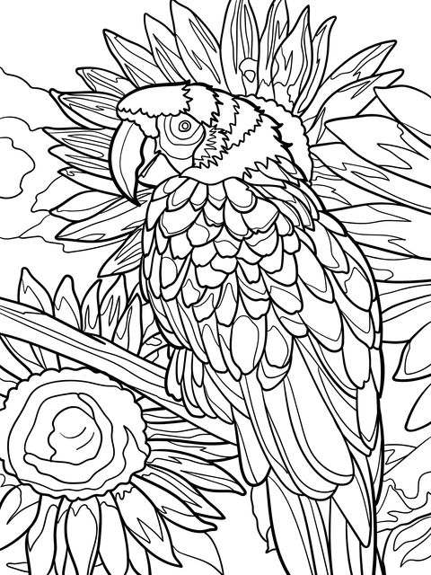 Página de colorear de un loro colorido y girasoles