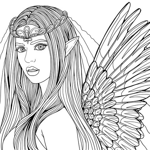 Fantasy Elf Coloring Page: Green - Haired Elf Girl with Wings