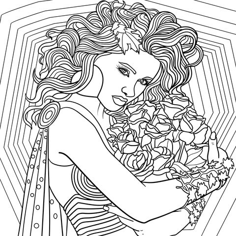 Coloring Page of a Curly - Haired Woman Holding Roses