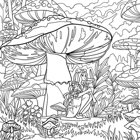 Coloring Page of a Girl in a Fairy - Tale Mushroom Forest