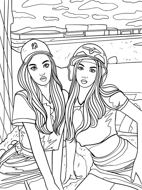 Fashionable Girls Coloring Page Illustration