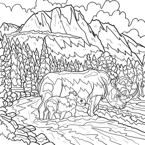 Prehistoric Rhinos and Calf Scenic Coloring Page