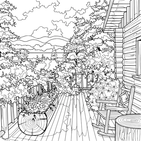 Beautiful Scenery of a Wooden - house Terrace in Autumn