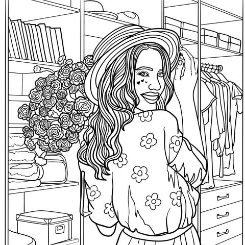 Coloring Page of a Stylish Girl in Front of a Wardrobe