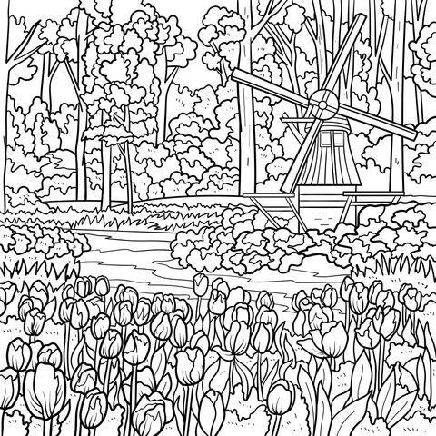 Beautiful Windmill and Tulip Landscape Coloring Page