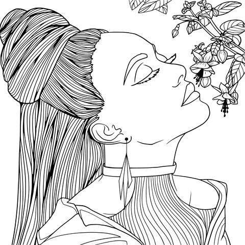 女性花卉主题涂色页插画