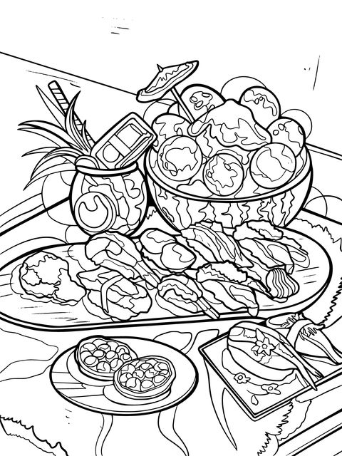 Delicious Sushi and Fruit Beverage Illustration Coloring Page