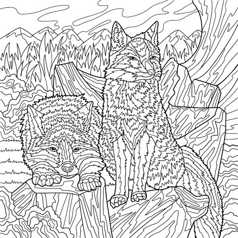 Two Foxes Landscape Coloring Page