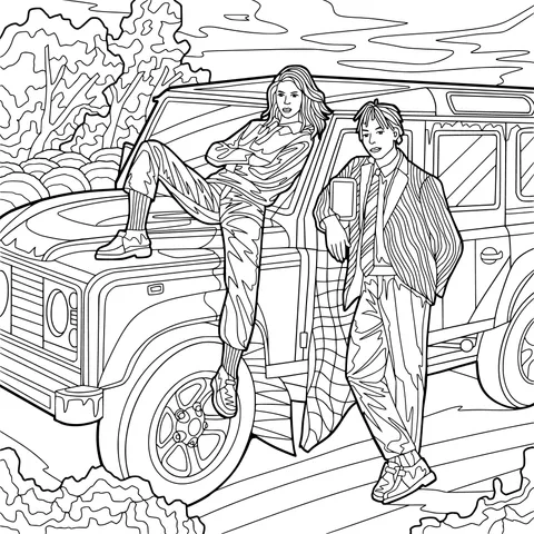 Two people and an SUV in an outdoor scene