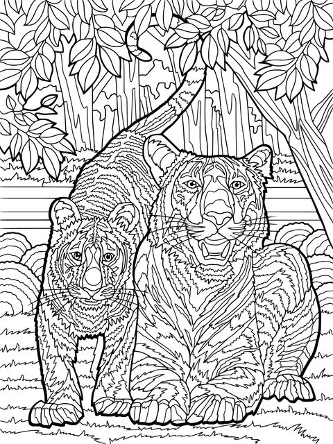 Mother - cub Tigers in the Jungle Coloring Page