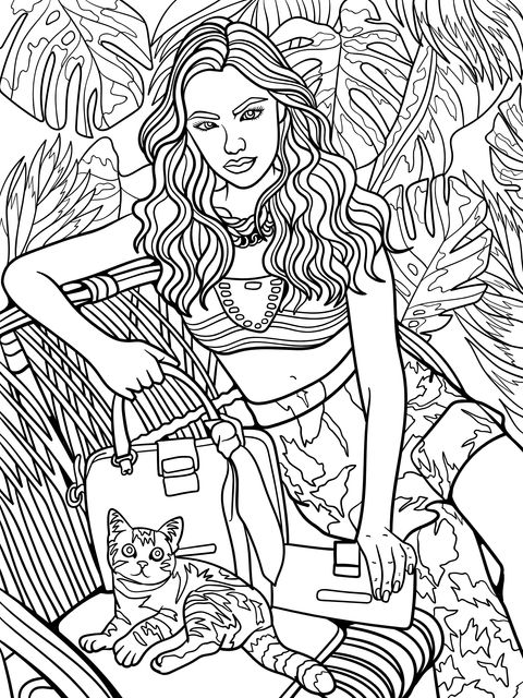 Fashionable Woman and Cat Coloring Page