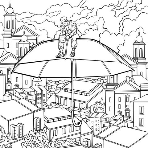 Fantasy City Aerial Adventure Coloring Page