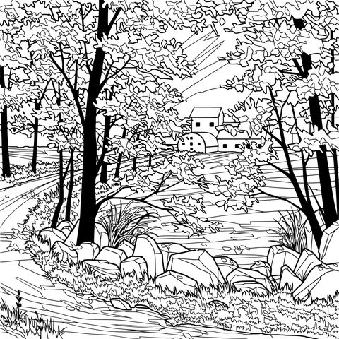 Autumn Rural Landscape Coloring Page