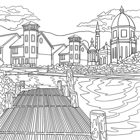 Beautiful Lakeside Town Landscape Coloring Page