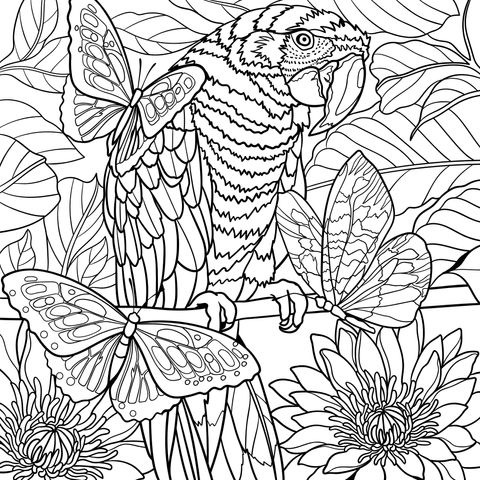 Colorful Parrot and Butterflies Coloring Page