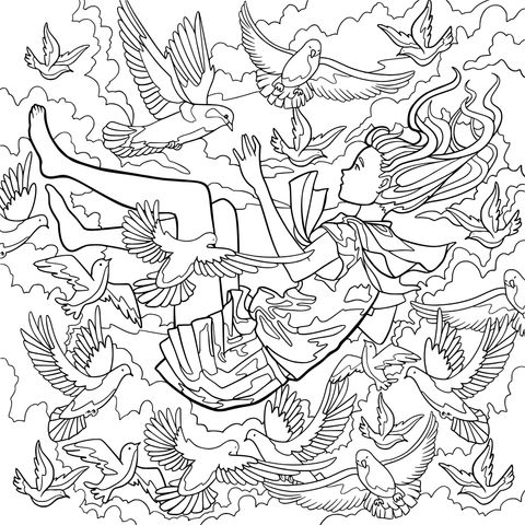 Dreamy Flying Girl and Birds Coloring Page