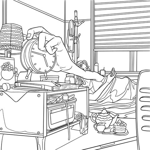 Wake - up Scene Coloring Page: Cartoon Image of Reaching to Turn off the Alarm Clock