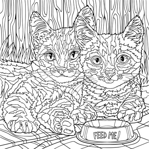 Adorable Kitten Coloring Page: Two Kittens and a Feeding Bowl