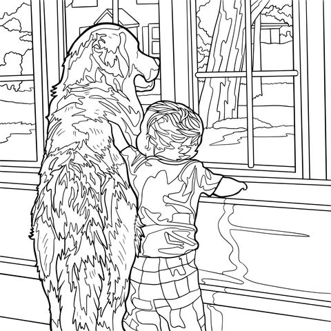 Página de Colorear: Niño y Gran Perro Disfrutando de la Vista Afuera de la Ventana