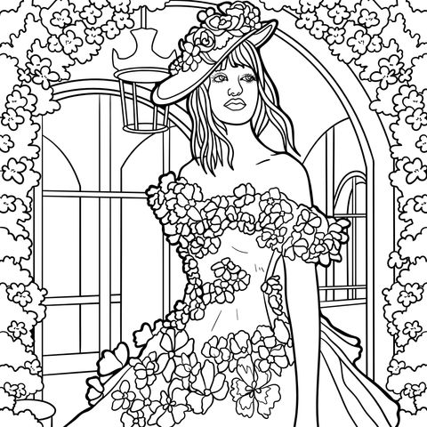 Floral - themed Woman Coloring Page