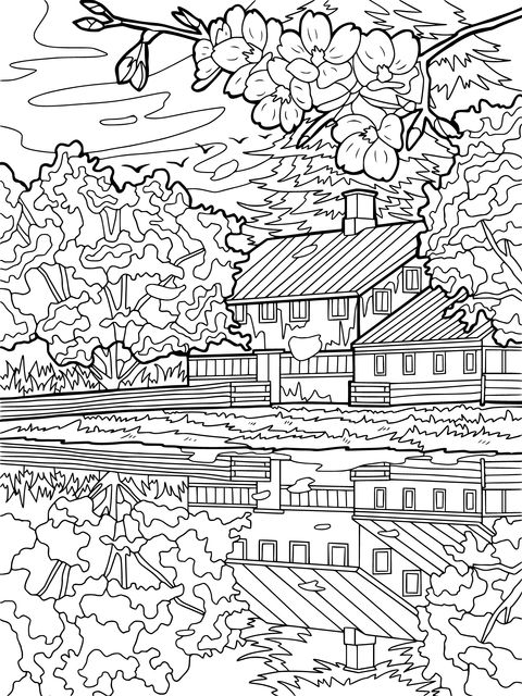 Coloring Page of a Cottage Surrounded by Cherry Blossoms