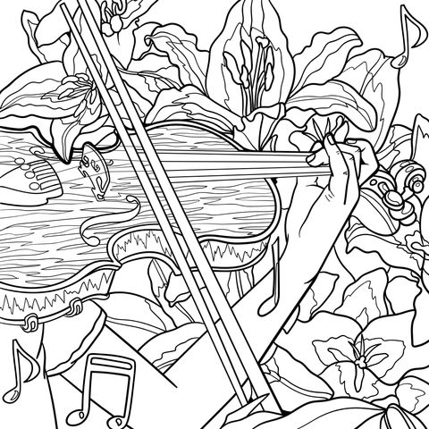 Violin and Blooming Flowers Coloring Page