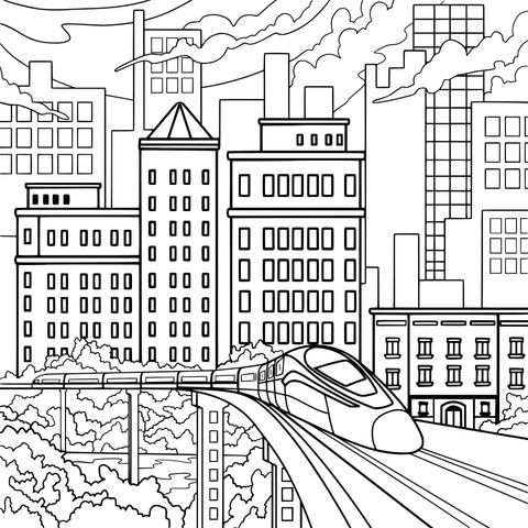 City High - speed Rail Landscape Coloring Page