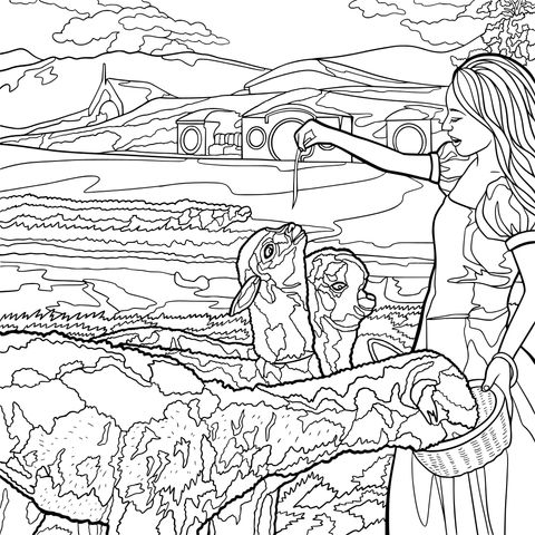 Shepherdess in Pastoral Scenery Coloring Page