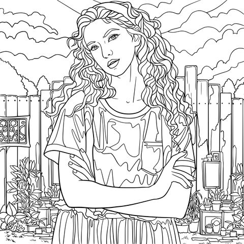 Coloring Page of a Red - Haired Woman in an Outdoor Courtyard