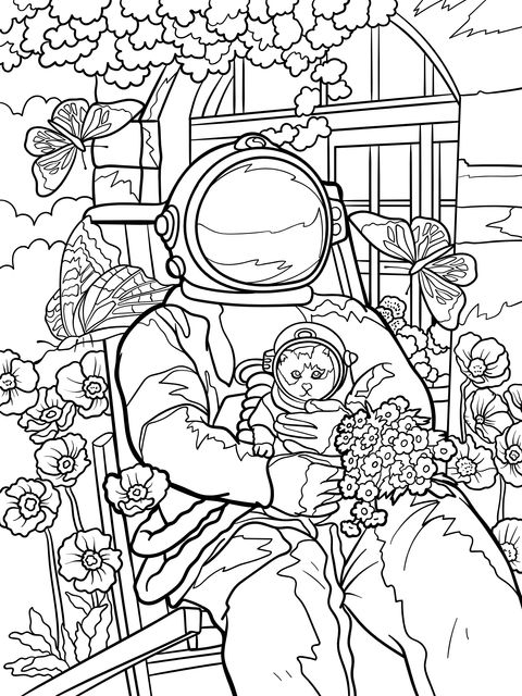 Coloring Page: Heart - warming Scene of an Astronaut and a Kitten