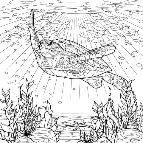 Coloring Page of a Sea Turtle Swimming Under the Sea