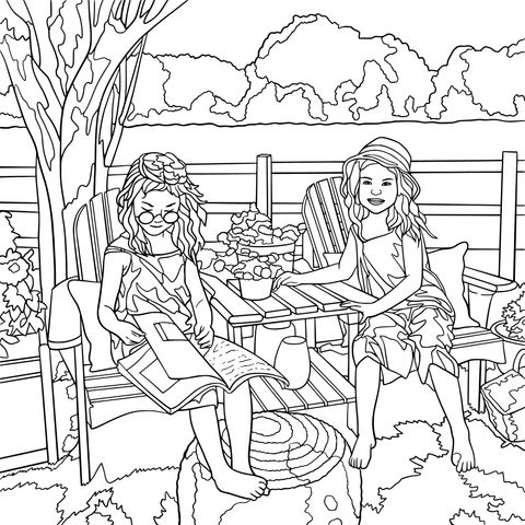 Coloring Page of Women Enjoying Outdoor Time