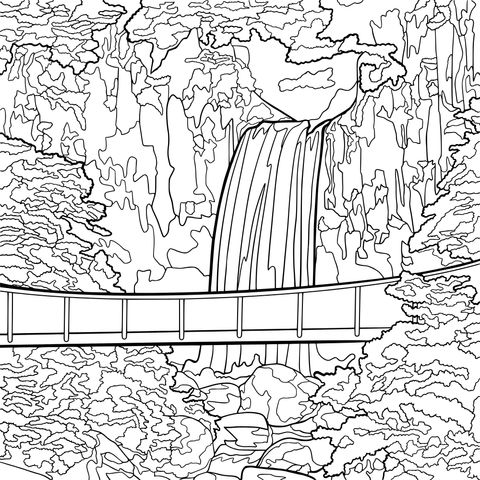 Página para colorear de paisaje de cascada