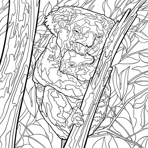 Coloring Page of Koala Mother and Cub Among Trees