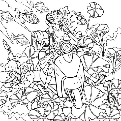 Coloring Page: Woman Riding a Moped through Flowering Plants