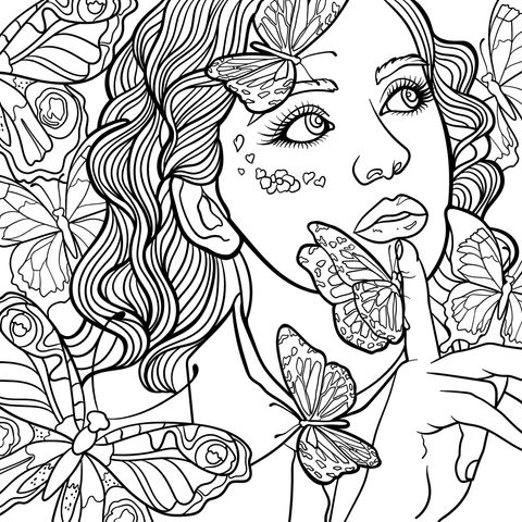 Dreamy Coloring Page of a Woman Surrounded by Butterflies