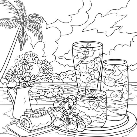 Summer Drinks and Desserts Coloring Page