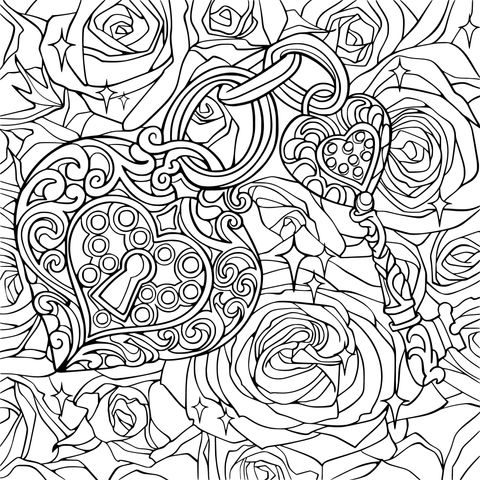 Lock and Key Coloring Page among Roses