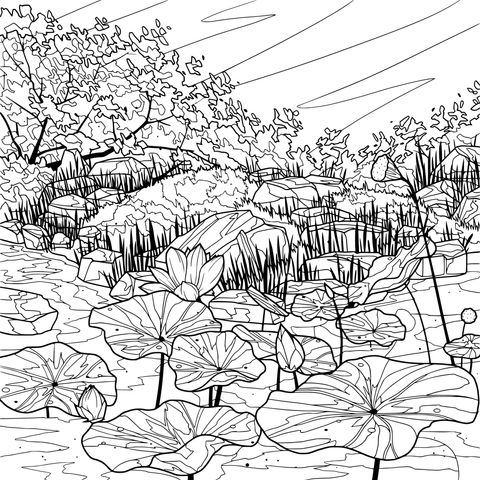 Summer Lotus Pond Scenery Coloring Page