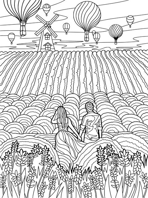 Romantic Couple in Lavender Field with Hot - Air Balloons Coloring Page