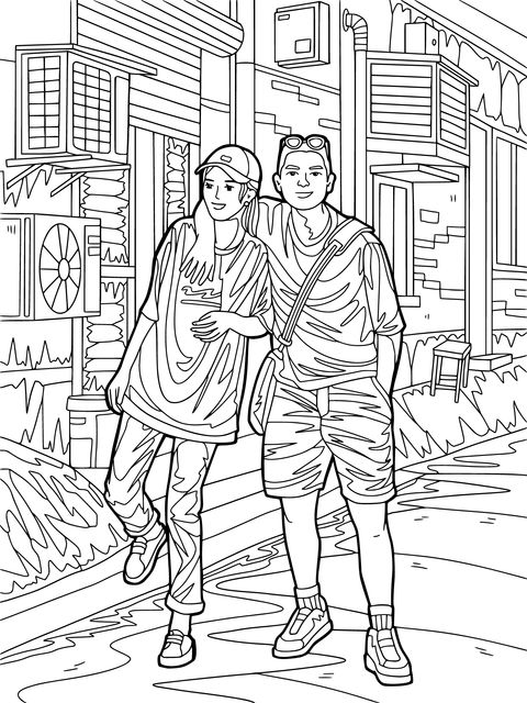 Coloring Page of a Young Couple Strolling on the Street