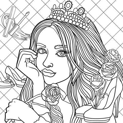 Princess - themed Coloring Page: Beautiful Girl with Fashion Accessories