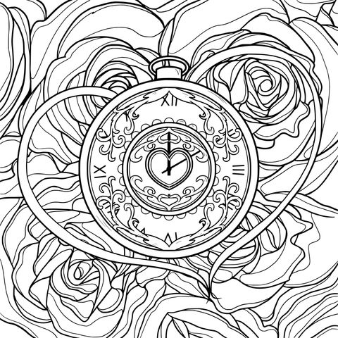 Página para colorear con tema de rosas y reloj de bolsillo