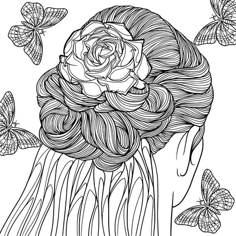 Bride's Hairstyle with Butterflies and Rose Coloring Page