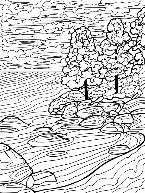 Seaside Forest Landscape Coloring Page