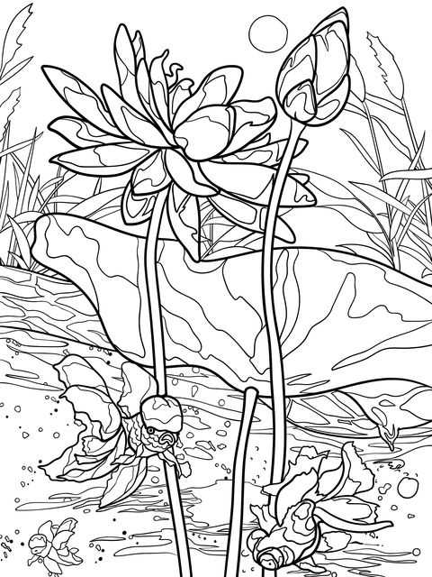 Lotus Pond Moonlight and Goldfish Coloring Page