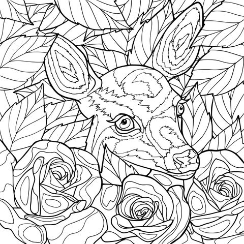 Coloring Page of a Fawn and Blue Roses