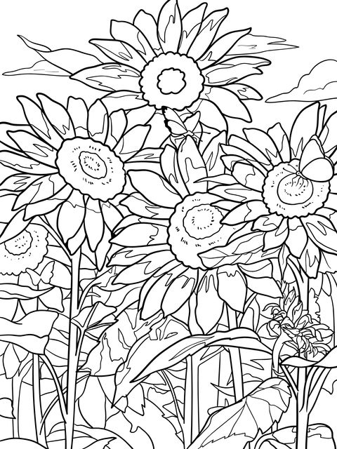 Sunflowers and Butterflies Coloring Page