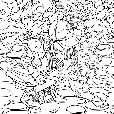 Girl and Dog Outdoor Relaxing Coloring Page